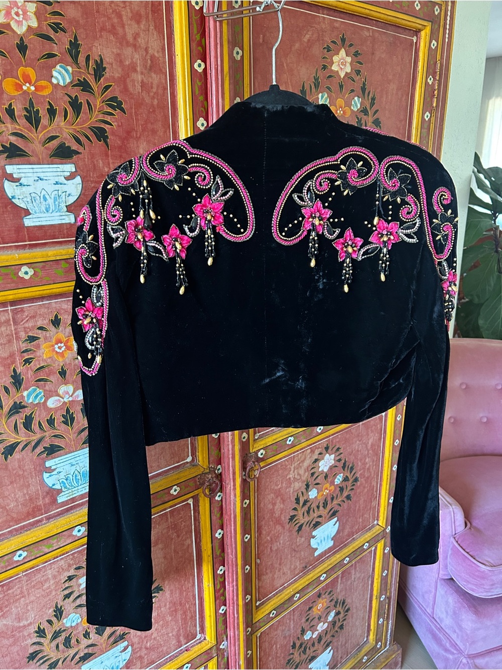 Embellished Black Velvet Bolero Jacket with Pink Beadwork - Picture 5 of 8